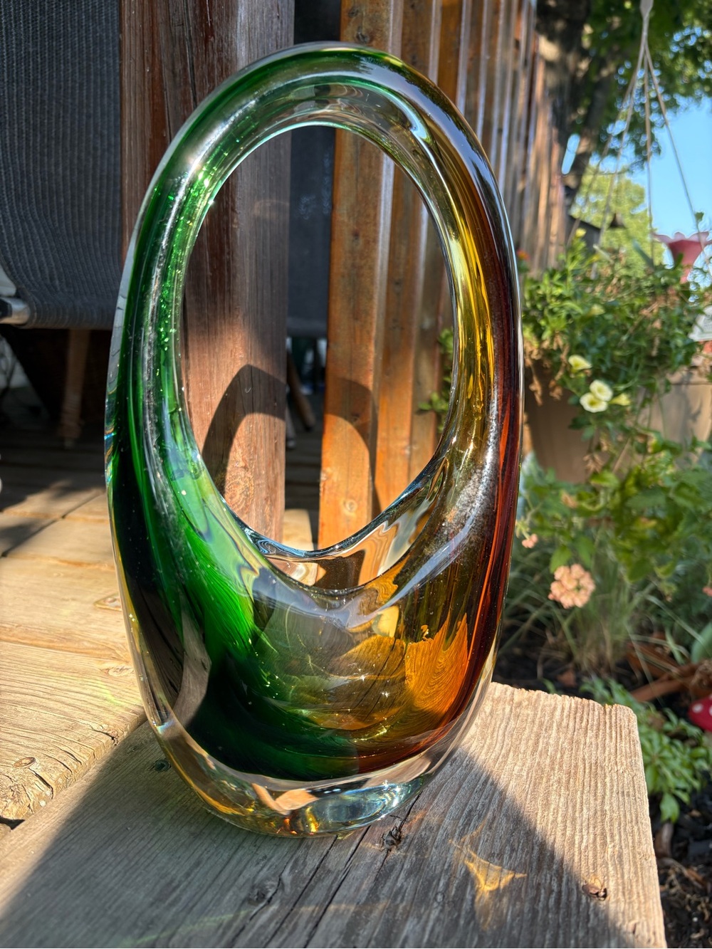 Sommerso MURANO Art Glass Basket Sculpture in Green and Amber 1960s MCM 11.5”